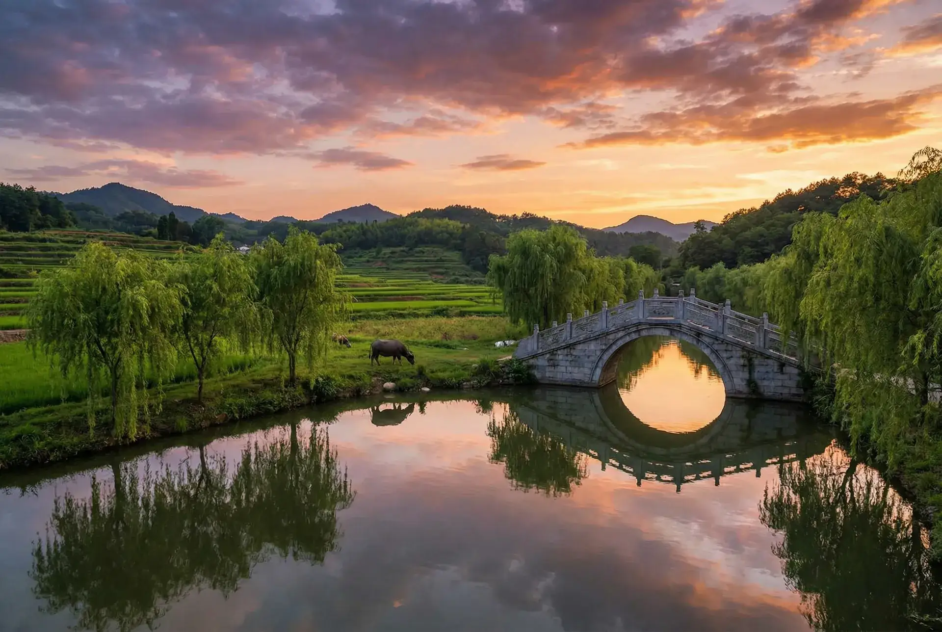夕阳下的石拱桥与垂柳，水牛在河边吃草 - 2828电影28电影影 乡村美景